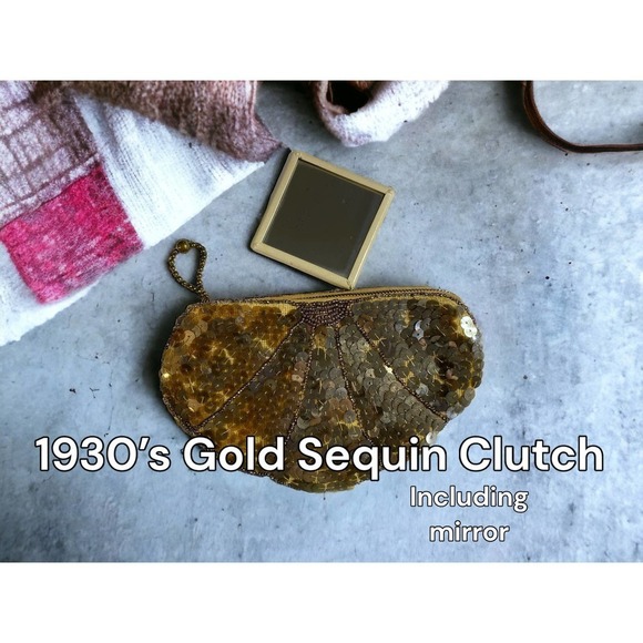 Gorgeous Vintage 1930s Gold Sequin Beaded Zip Clutch w/ Square Mirror Rare Glam - Picture 2 of 9